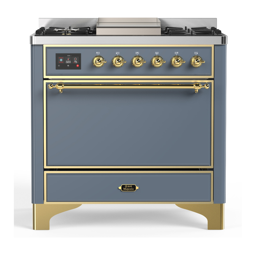 ILVE UM36FQNR3BGG Majestic III 36 inch Dual Fuel Range with 6 Black Brass Burners and Griddle, Dual Function Burner up to 25,000 BTU (Solid Door, Blue Grey, Brass, Natural Gas) 1 UM36FQNR3BGG