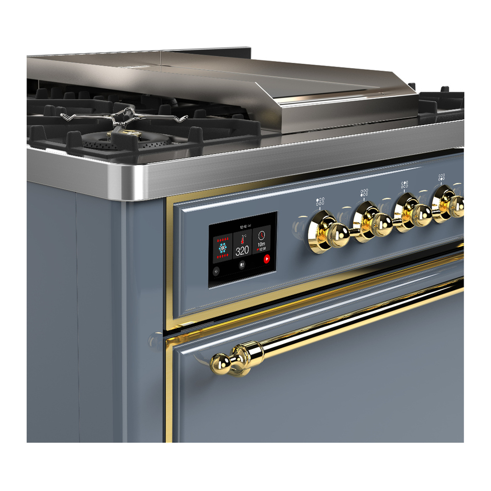 ILVE UM36FQNR3BGG Majestic III 36 inch Dual Fuel Range with 6 Black Brass Burners and Griddle, Dual Function Burner up to 25,000 BTU (Solid Door, Blue Grey, Brass, Natural Gas) 9 ILVE-UM36FQNR3BGG-Control Knobs View