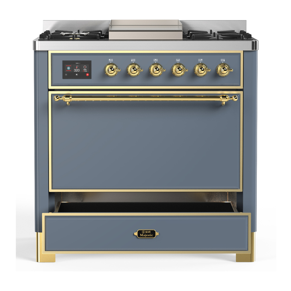 ILVE UM36FQNR3BGG Majestic III 36 inch Dual Fuel Range with 6 Black Brass Burners and Griddle, Dual Function Burner up to 25,000 BTU (Solid Door, Blue Grey, Brass, Natural Gas) 7 ILVE-UM36FQNR3BGG-Drawer Open View