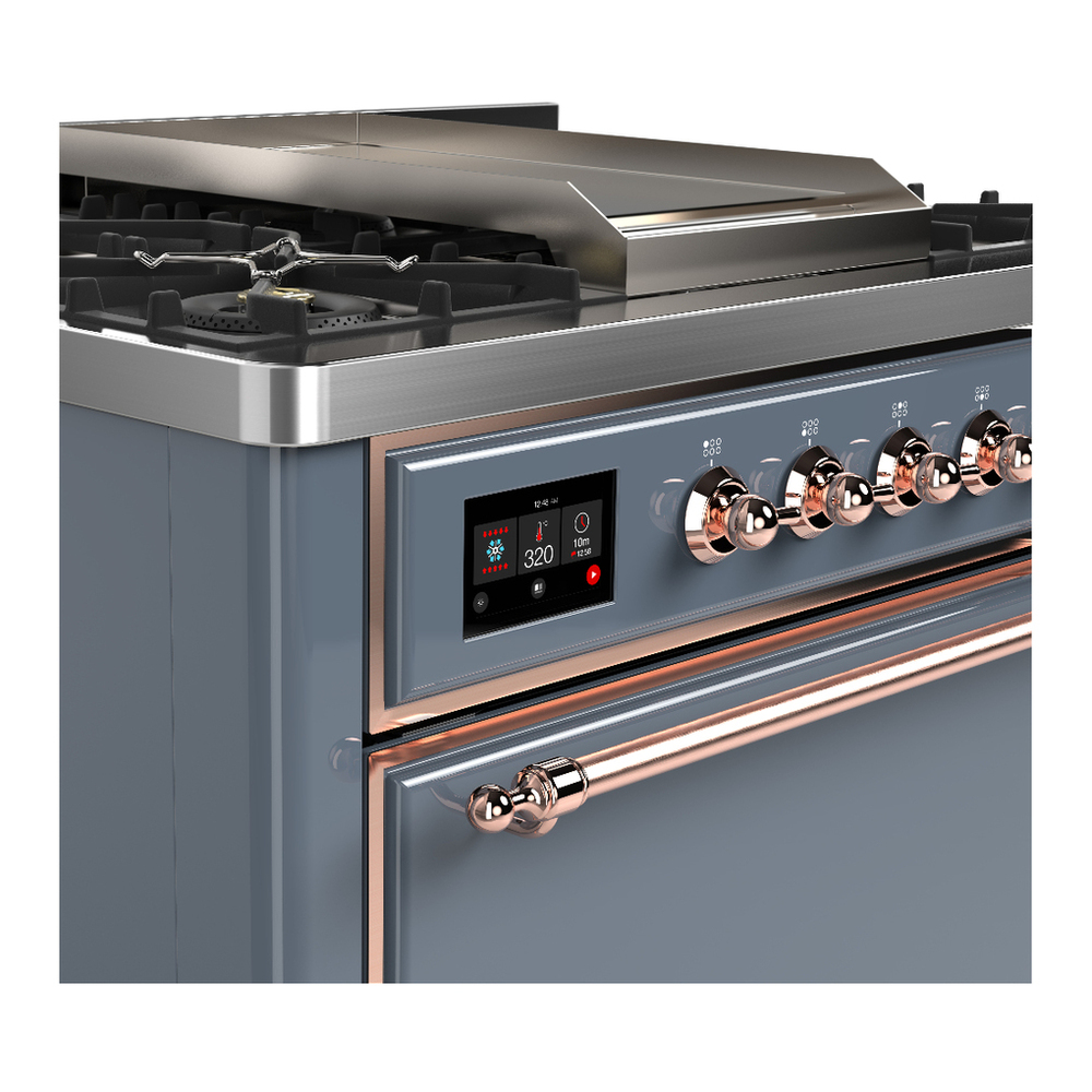 ILVE UM36FQNR3BGPLP Majestic III 36 inch Dual Fuel Range with 6 Black Brass Burners and Griddle, Dual Function Burner up to 25,000 BTU (Solid Door, Blue Grey, Copper, Liquid Propane) 9 ILVE-UM36FQNR3BGPLP-Control Knobs View