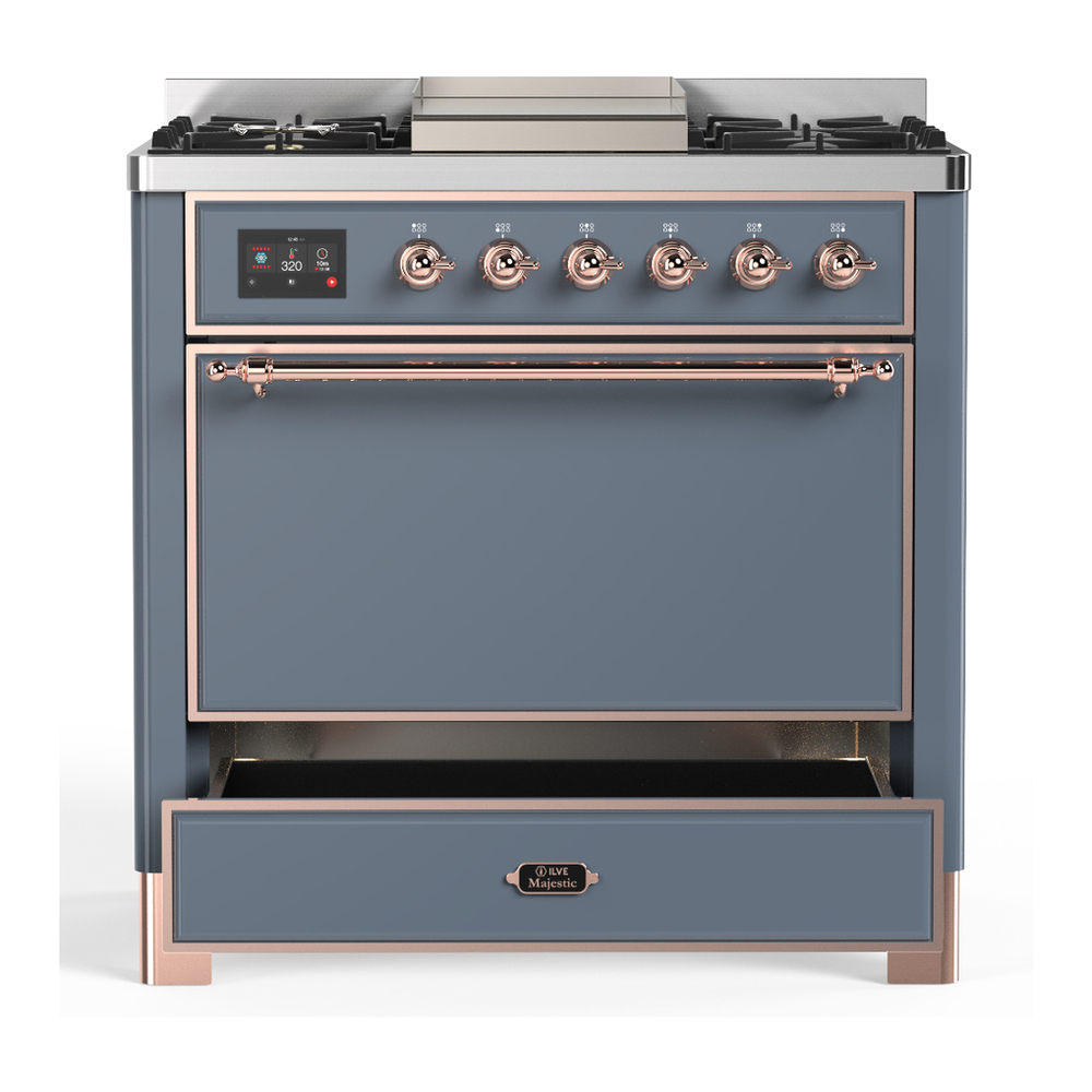 ILVE UM36FQNR3BGPLP Majestic III 36 inch Dual Fuel Range with 6 Black Brass Burners and Griddle, Dual Function Burner up to 25,000 BTU (Solid Door, Blue Grey, Copper, Liquid Propane) 7 ILVE-UM36FQNR3BGPLP-Drawer Open View