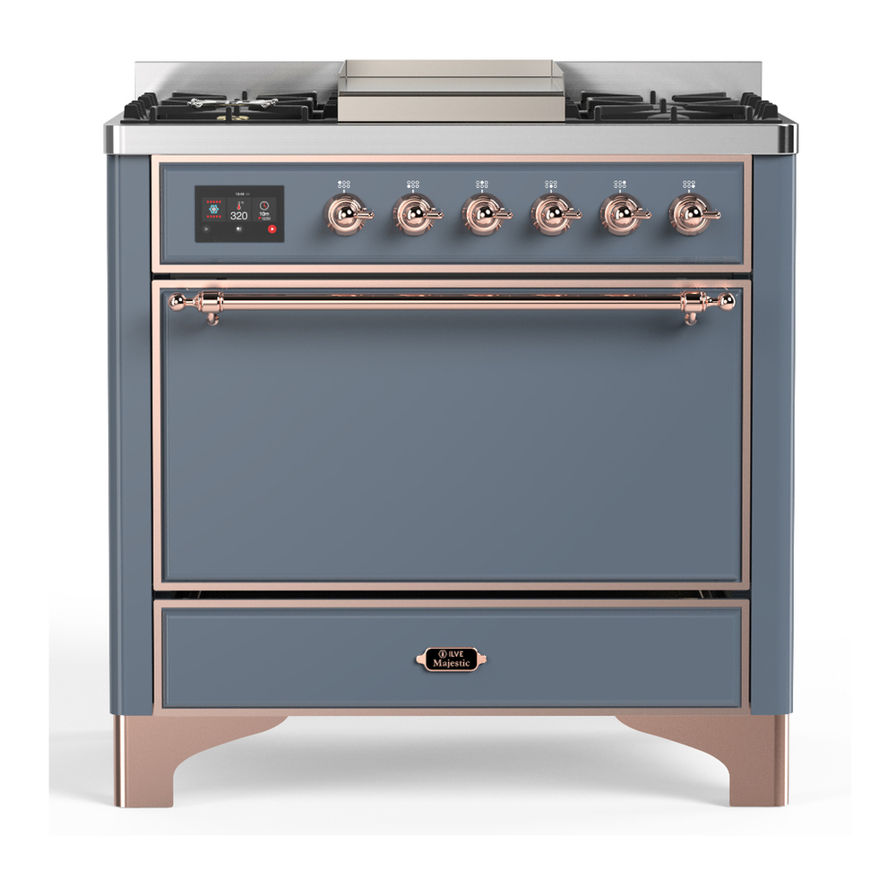 ILVE UM36FQNR3BGP Majestic III 36 inch Dual Fuel Range with 6 Black Brass Burners and Griddle, Dual Function Burner up to 25,000 BTU (Solid Door, Blue Grey, Copper, Natural Gas) 1 UM36FQNR3BGP