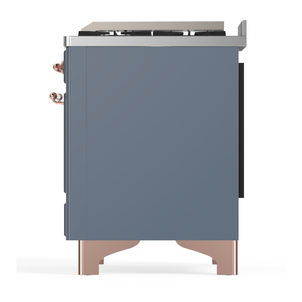 ILVE UM36FQNR3BGP Majestic III 36 inch Dual Fuel Range with 6 Black Brass Burners and Griddle, Dual Function Burner up to 25,000 BTU (Solid Door, Blue Grey, Copper, Natural Gas) 11 ILVE-UM36FQNR3BGP-Left Side View
