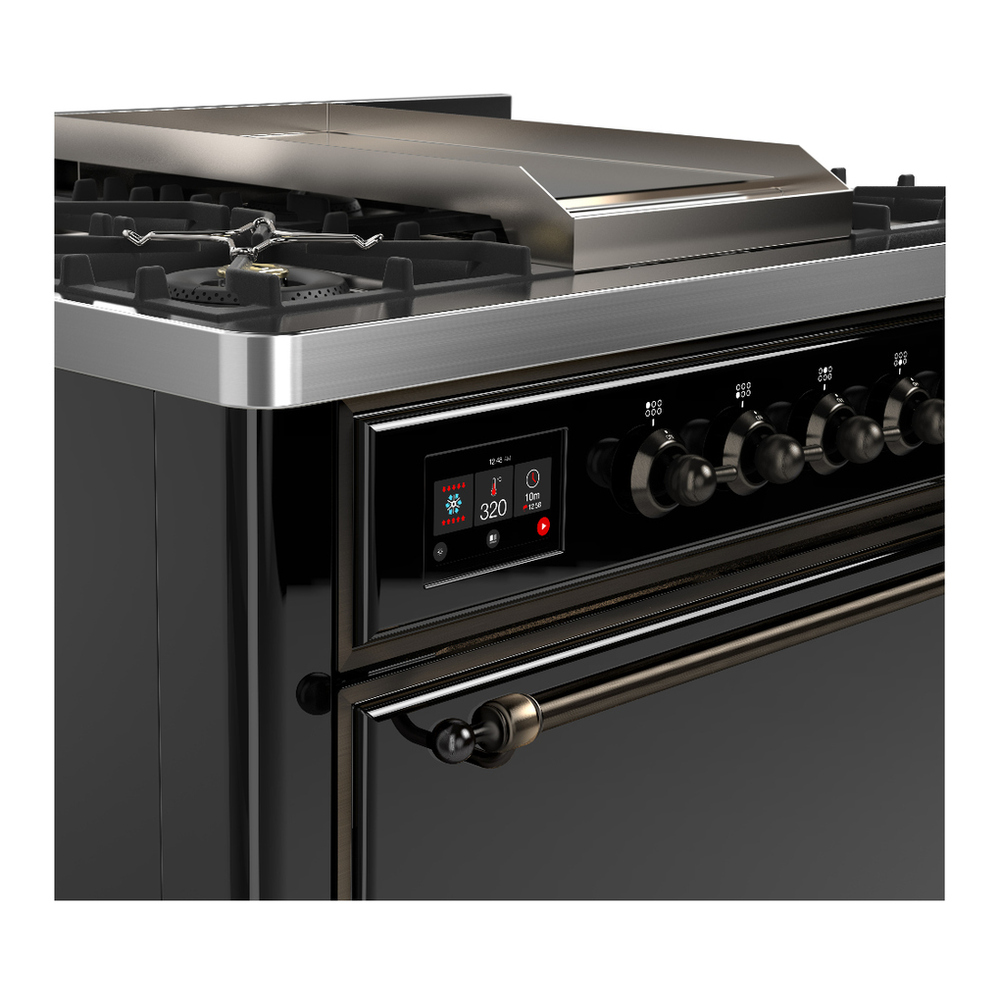 ILVE UM36FQNR3BKB Majestic III 36 inch Dual Fuel Range with 6 Black Brass Burners and Griddle, Dual Function Burner up to 25,000 BTU (Solid Door, Glossy Black, Burnished, Natural Gas) 5 ILVE-UM36FQNR3BKB-Control Knobs View