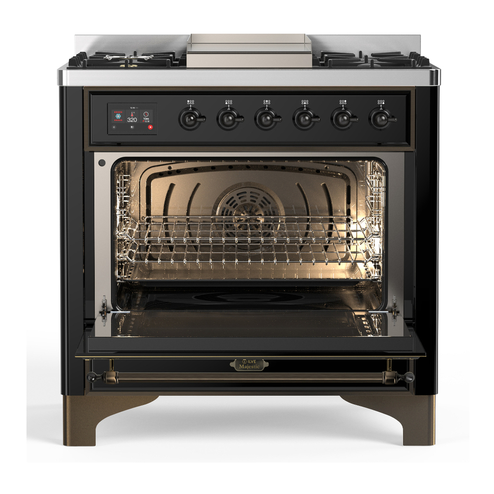 ILVE UM36FQNR3BKB Majestic III 36 inch Dual Fuel Range with 6 Black Brass Burners and Griddle, Dual Function Burner up to 25,000 BTU (Solid Door, Glossy Black, Burnished, Natural Gas) 6 ILVE-UM36FQNR3BKB-Open Door View