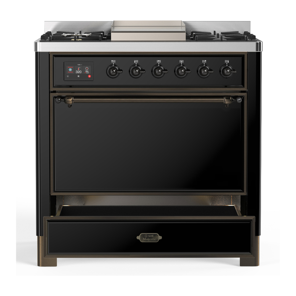 ILVE UM36FQNR3BKB Majestic III 36 inch Dual Fuel Range with 6 Black Brass Burners and Griddle, Dual Function Burner up to 25,000 BTU (Solid Door, Glossy Black, Burnished, Natural Gas) 7 ILVE-UM36FQNR3BKB-Drawer Open View