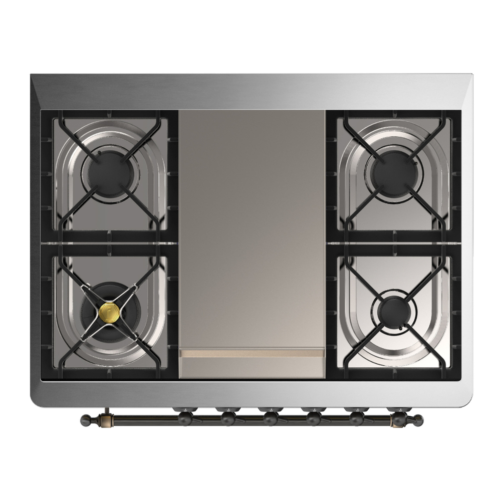 ILVE UM36FQNR3BKB Majestic III 36 inch Dual Fuel Range with 6 Black Brass Burners and Griddle, Dual Function Burner up to 25,000 BTU (Solid Door, Glossy Black, Burnished, Natural Gas) 8 ILVE-UM36FQNR3BKB-Top View