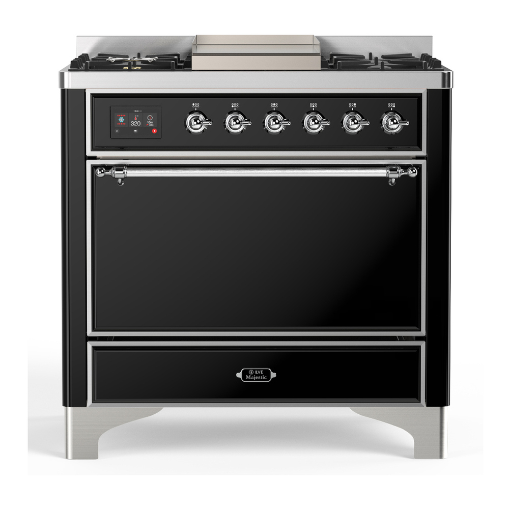 ILVE UM36FQNR3BKCLP Majestic III 36 inch Dual Fuel Range with 6 Black Brass Burners and Griddle, Dual Function Burner up to 25,000 BTU (Solid Door, Glossy Black, Chrome, Liquid Propane) 1 UM36FQNR3BKCLP