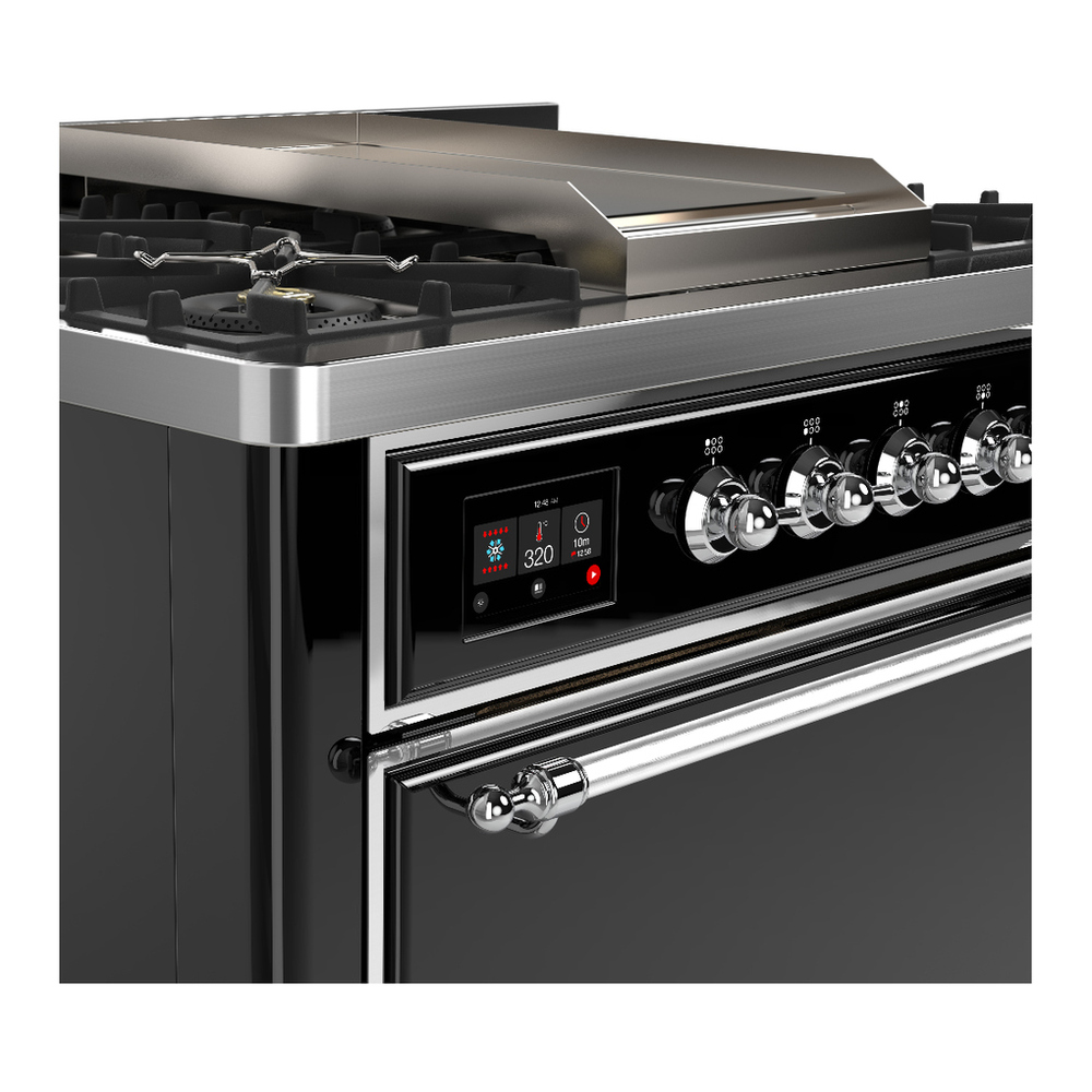 ILVE UM36FQNR3BKCLP Majestic III 36 inch Dual Fuel Range with 6 Black Brass Burners and Griddle, Dual Function Burner up to 25,000 BTU (Solid Door, Glossy Black, Chrome, Liquid Propane) 4 ILVE-UM36FQNR3BKCLP-Control Knobs View