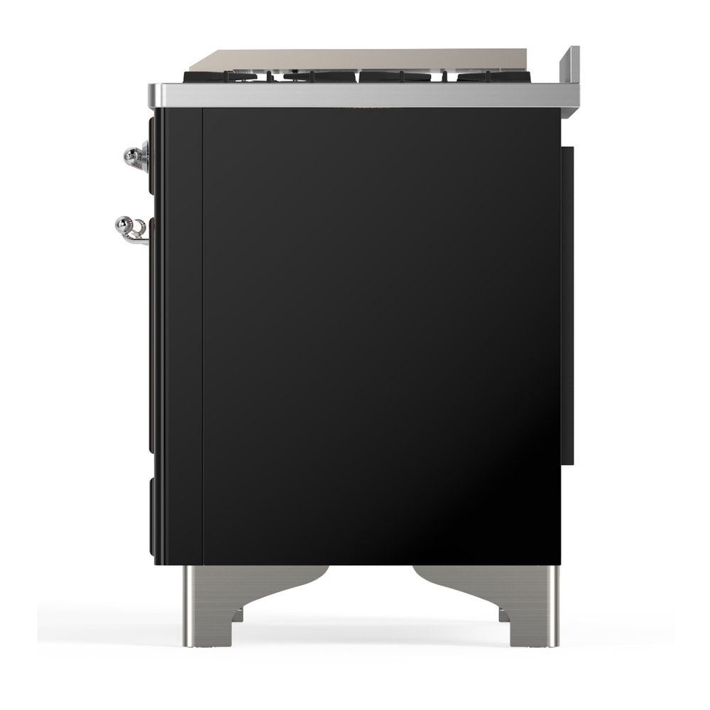 ILVE UM36FQNR3BKCLP Majestic III 36 inch Dual Fuel Range with 6 Black Brass Burners and Griddle, Dual Function Burner up to 25,000 BTU (Solid Door, Glossy Black, Chrome, Liquid Propane) 6 ILVE-UM36FQNR3BKCLP-Left Side View