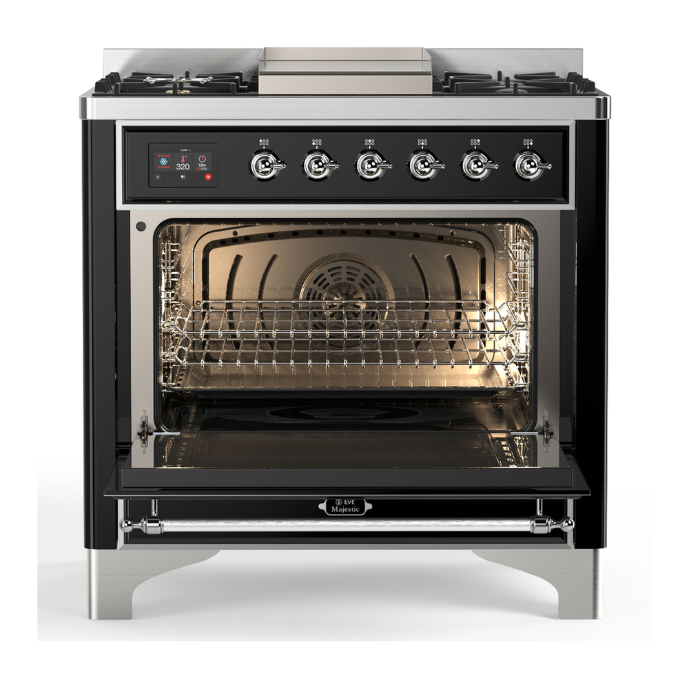 ILVE UM36FQNR3BKC Majestic III 36 inch Dual Fuel Range with 6 Black Brass Burners and Griddle, Dual Function Burner up to 25,000 BTU (Solid Door, Glossy Black, Chrome, Natural Gas) 6 ILVE-UM36FQNR3BKC-Open Door View