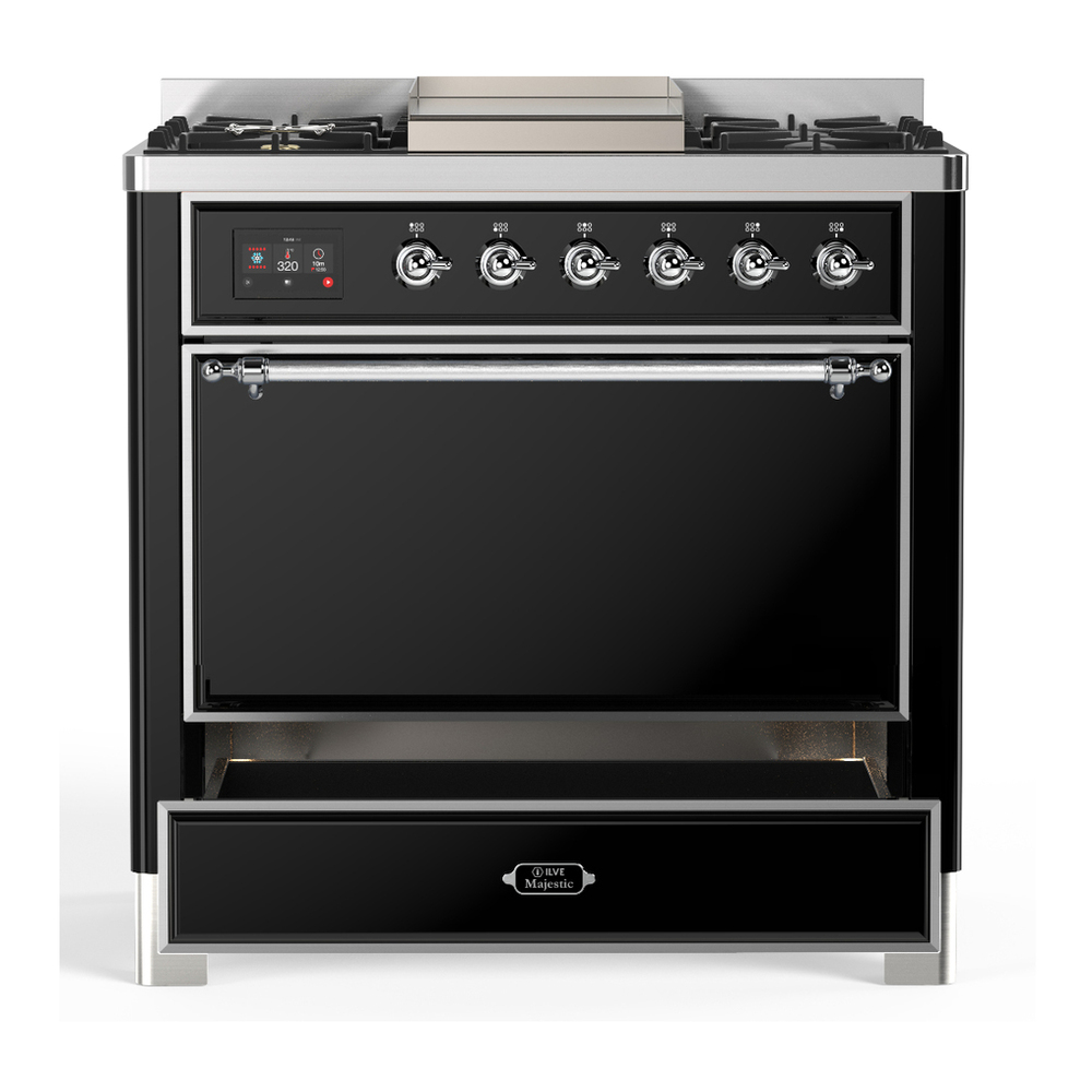 ILVE UM36FQNR3BKC Majestic III 36 inch Dual Fuel Range with 6 Black Brass Burners and Griddle, Dual Function Burner up to 25,000 BTU (Solid Door, Glossy Black, Chrome, Natural Gas) 7 ILVE-UM36FQNR3BKC-Drawer Open View