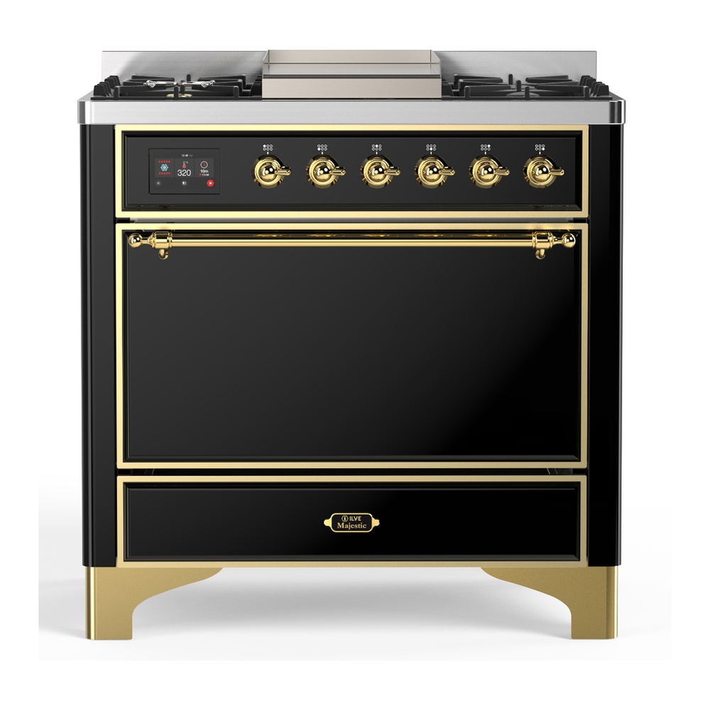 ILVE UM36FQNR3BKG Majestic III 36 inch Dual Fuel Range with 6 Black Brass Burners and Griddle, Dual Function Burner up to 25,000 BTU (Solid Door, Glossy Black, Brass, Natural Gas) 1 UM36FQNR3BKG