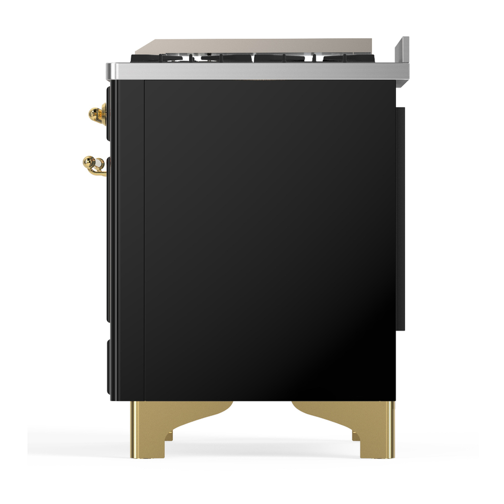ILVE UM36FQNR3BKG Majestic III 36 inch Dual Fuel Range with 6 Black Brass Burners and Griddle, Dual Function Burner up to 25,000 BTU (Solid Door, Glossy Black, Brass, Natural Gas) 7 ILVE-UM36FQNR3BKG-Left Side View