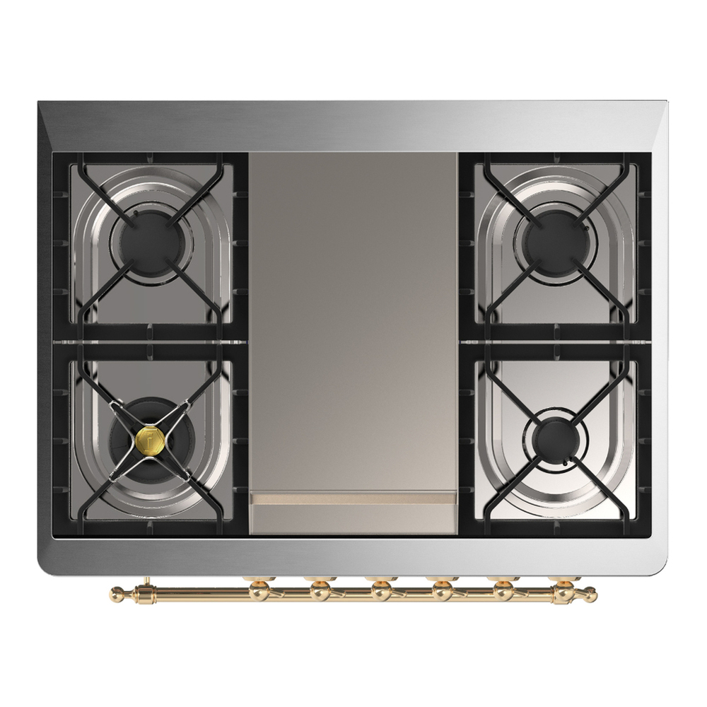 ILVE UM36FQNR3BKG Majestic III 36 inch Dual Fuel Range with 6 Black Brass Burners and Griddle, Dual Function Burner up to 25,000 BTU (Solid Door, Glossy Black, Brass, Natural Gas) 4 ILVE-UM36FQNR3BKG-Top View