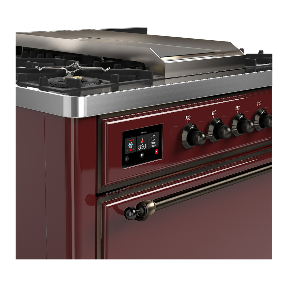 ILVE UM36FQNR3BUBLP Majestic III 36 inch Dual Fuel Range with 6 Black Brass Burners and Griddle, Dual Function Burner up to 25,000 BTU (Solid Door, Burgundy, Burnished, Liquid Propane) 9 ILVE-UM36FQNR3BUBLP-Control Knobs View