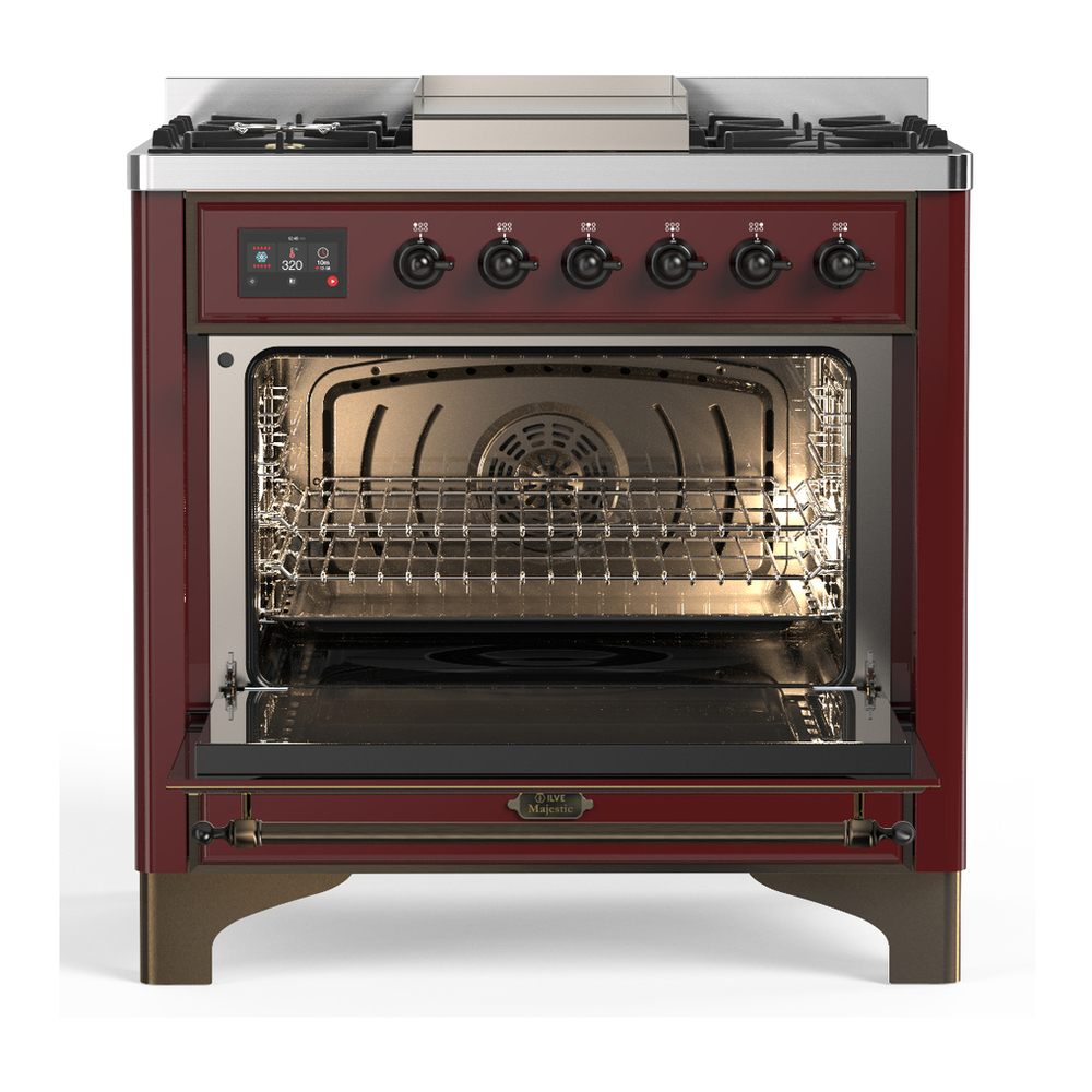 ILVE UM36FQNR3BUBLP Majestic III 36 inch Dual Fuel Range with 6 Black Brass Burners and Griddle, Dual Function Burner up to 25,000 BTU (Solid Door, Burgundy, Burnished, Liquid Propane) 6 ILVE-UM36FQNR3BUBLP-Open Door View