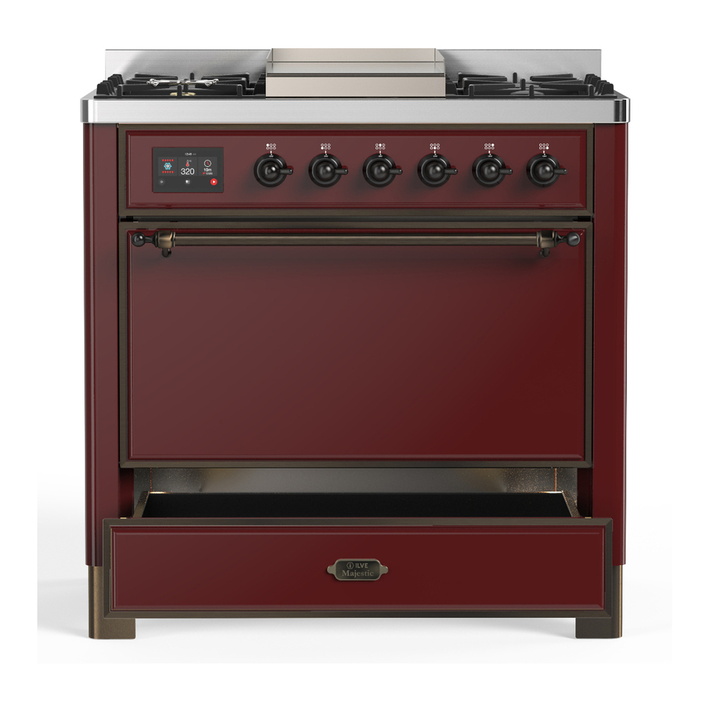 ILVE UM36FQNR3BUBLP Majestic III 36 inch Dual Fuel Range with 6 Black Brass Burners and Griddle, Dual Function Burner up to 25,000 BTU (Solid Door, Burgundy, Burnished, Liquid Propane) 7 ILVE-UM36FQNR3BUBLP-Drawer Open View