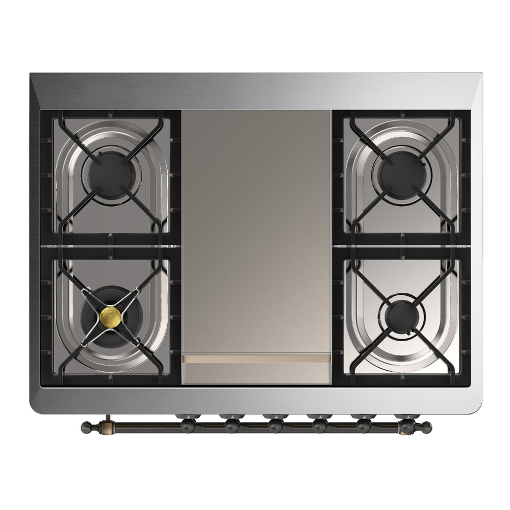 ILVE UM36FQNR3BUBLP Majestic III 36 inch Dual Fuel Range with 6 Black Brass Burners and Griddle, Dual Function Burner up to 25,000 BTU (Solid Door, Burgundy, Burnished, Liquid Propane) 8 ILVE-UM36FQNR3BUBLP-Top View