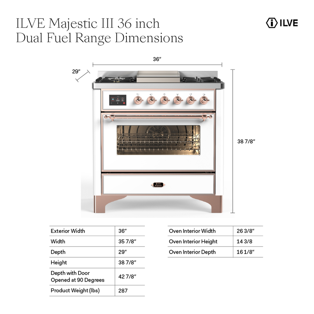 ILVE UM36FQNR3BUBLP Majestic III 36 inch Dual Fuel Range with 6 Black Brass Burners and Griddle, Dual Function Burner up to 25,000 BTU (Solid Door, Burgundy, Burnished, Liquid Propane) 5 ILVE UM36F Majestic III 36 inch Dual Fuel Range with 6 Black Brass Burners and Griddle, Dual Function Burner up to 25,000 BTU