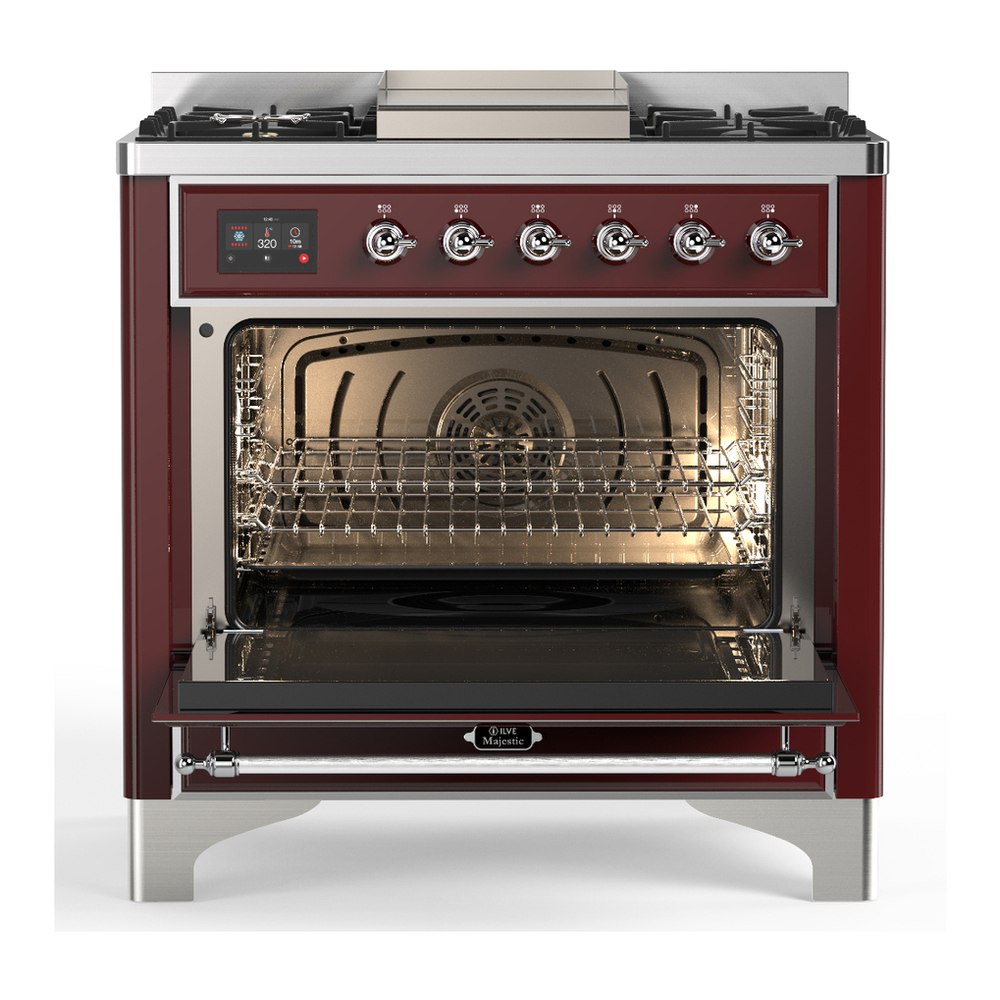 ILVE UM36FQNR3BUCLP Majestic III 36 inch Dual Fuel Range with 6 Black Brass Burners and Griddle, Dual Function Burner up to 25,000 BTU (Solid Door, Burgundy, Chrome, Liquid Propane) 6 ILVE-UM36FQNR3BUCLP-Open Door View