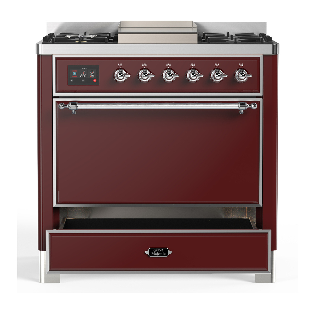 ILVE UM36FQNR3BUC Majestic III 36 inch Dual Fuel Range with 6 Black Brass Burners and Griddle, Dual Function Burner up to 25,000 BTU (Solid Door, Burgundy, Chrome, Natural Gas) 7 ILVE-UM36FQNR3BUC-Drawer Open View