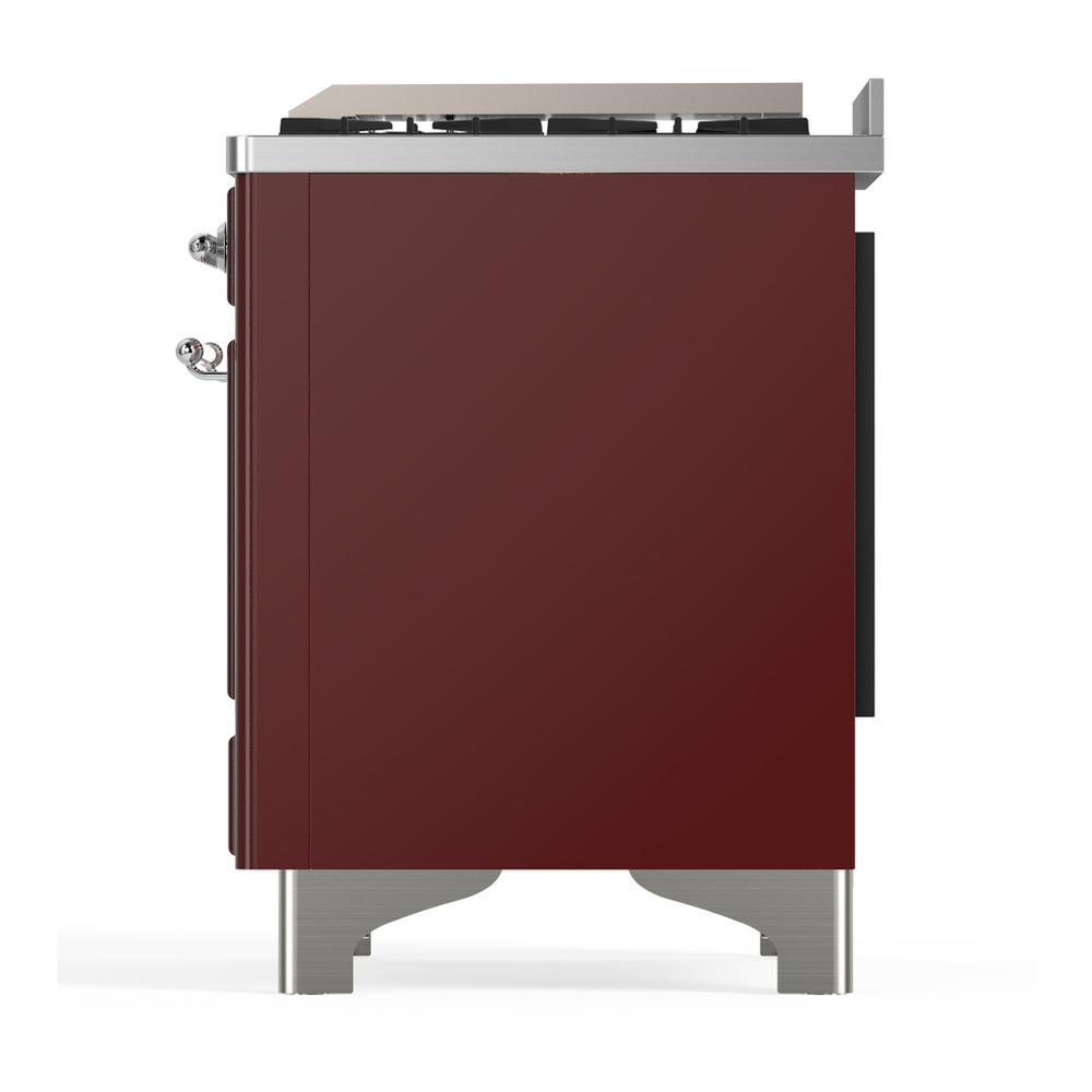 ILVE UM36FQNR3BUC Majestic III 36 inch Dual Fuel Range with 6 Black Brass Burners and Griddle, Dual Function Burner up to 25,000 BTU (Solid Door, Burgundy, Chrome, Natural Gas) 11 ILVE-UM36FQNR3BUC-Left Side View