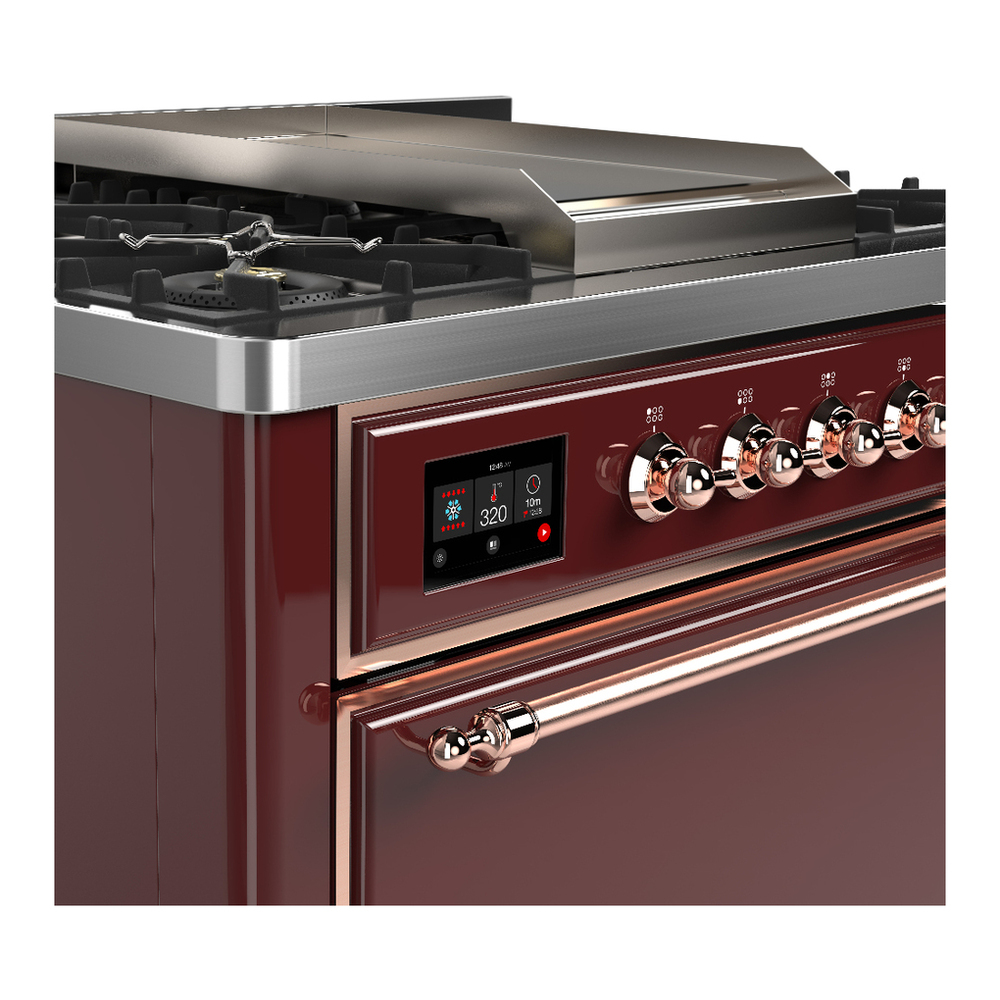 ILVE UM36FQNR3BUPLP Majestic III 36 inch Dual Fuel Range with 6 Black Brass Burners and Griddle, Dual Function Burner up to 25,000 BTU (Solid Door, Burgundy, Copper, Liquid Propane) 9 ILVE-UM36FQNR3BUPLP-Control Knobs View