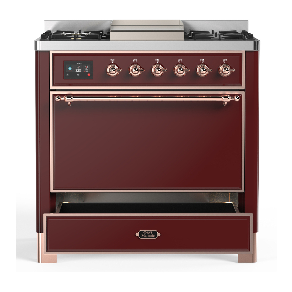 ILVE UM36FQNR3BUPLP Majestic III 36 inch Dual Fuel Range with 6 Black Brass Burners and Griddle, Dual Function Burner up to 25,000 BTU (Solid Door, Burgundy, Copper, Liquid Propane) 7 ILVE-UM36FQNR3BUPLP-Drawer Open View