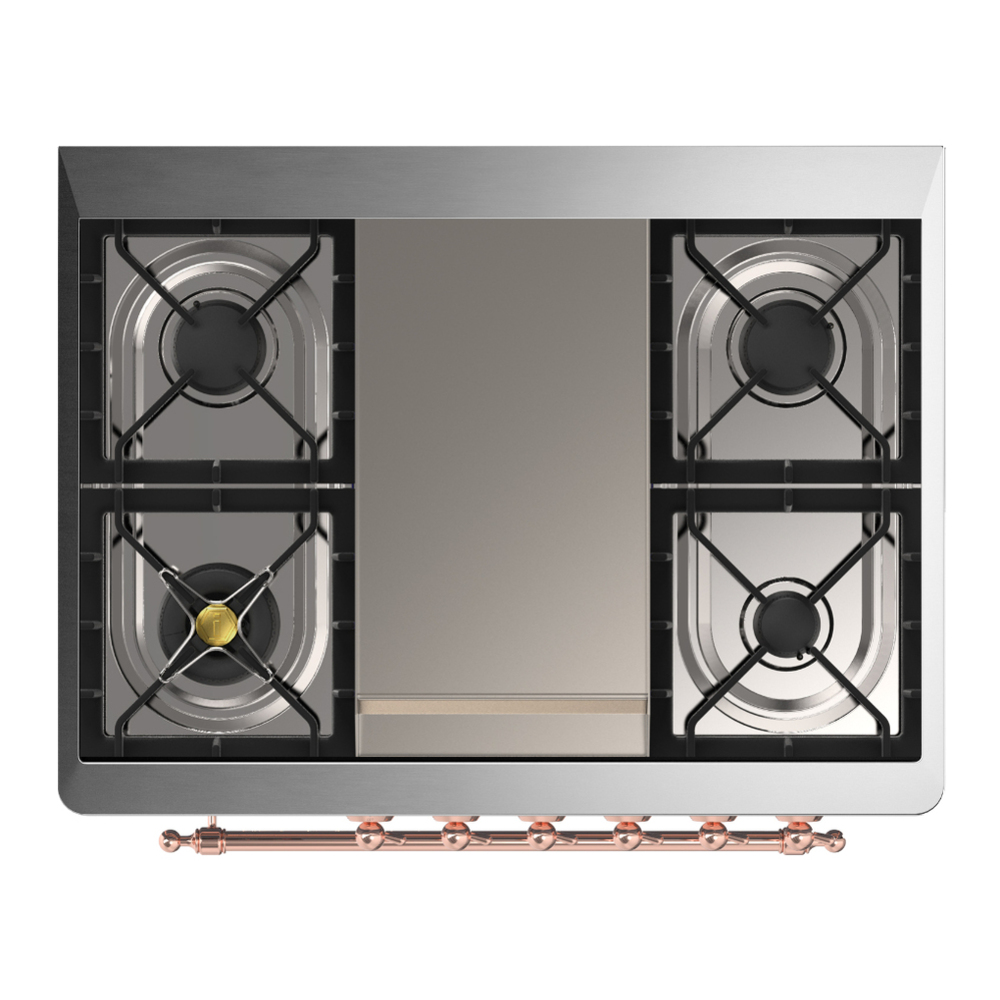 ILVE UM36FQNR3BUPLP Majestic III 36 inch Dual Fuel Range with 6 Black Brass Burners and Griddle, Dual Function Burner up to 25,000 BTU (Solid Door, Burgundy, Copper, Liquid Propane) 8 ILVE-UM36FQNR3BUPLP-Top View