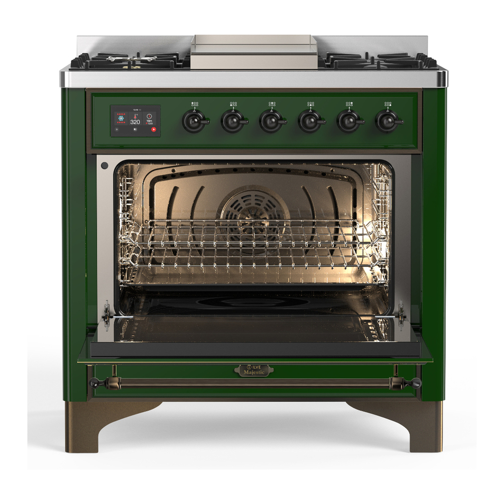 ILVE UM36FQNR3EGB Majestic III 36 inch Dual Fuel Range with 6 Black Brass Burners and Griddle, Dual Function Burner up to 25,000 BTU (Solid Door, Emerald Green, Burnished, Natural Gas) 6 ILVE-UM36FQNR3EGB-Open Door View