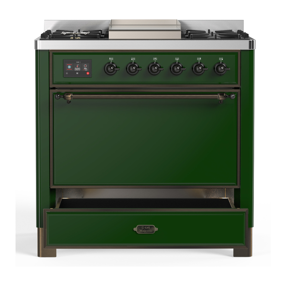 ILVE UM36FQNR3EGB Majestic III 36 inch Dual Fuel Range with 6 Black Brass Burners and Griddle, Dual Function Burner up to 25,000 BTU (Solid Door, Emerald Green, Burnished, Natural Gas) 7 ILVE-UM36FQNR3EGB-Drawer Open View