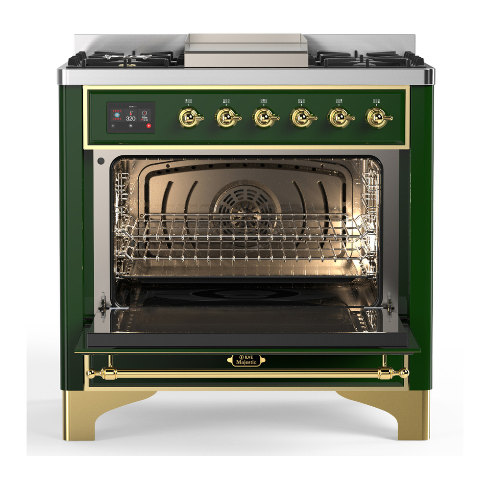 ILVE UM36FQNR3EGGLP Majestic III 36 inch Dual Fuel Range with 6 Black Brass Burners and Griddle, Dual Function Burner up to 25,000 BTU (Solid Door, Emerald Green, Brass, Liquid Propane) 6 ILVE-UM36FQNR3EGGLP-Open Door View