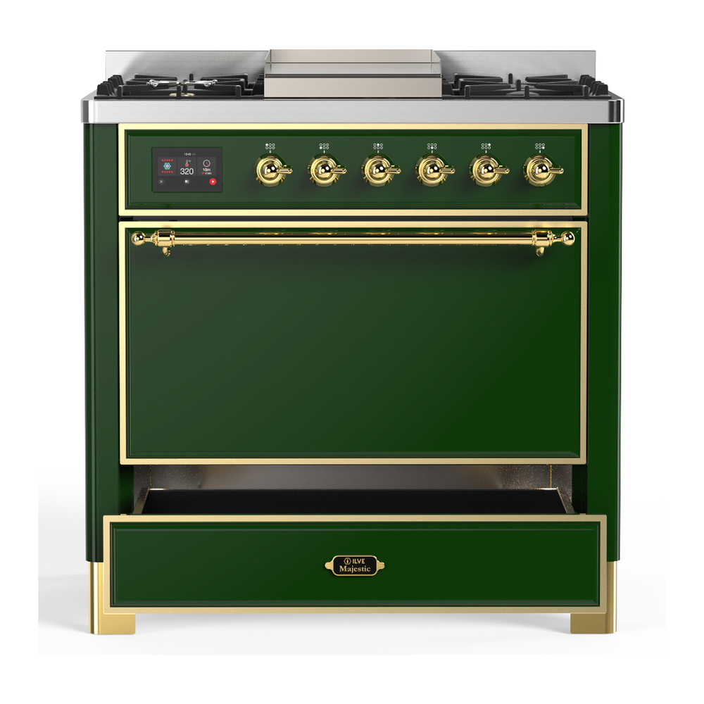 ILVE UM36FQNR3EGG Majestic III 36 inch Dual Fuel Range with 6 Black Brass Burners and Griddle, Dual Function Burner up to 25,000 BTU (Solid Door, Emerald Green, Brass, Natural Gas) 7 ILVE-UM36FQNR3EGG-Drawer Open View
