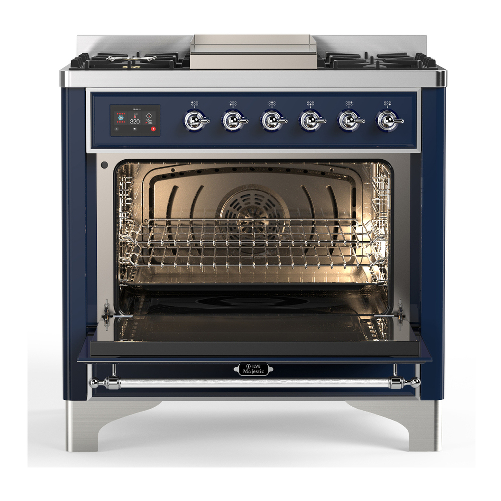 ILVE UM36FQNR3MBC Majestic III 36 inch Dual Fuel Range with 6 Black Brass Burners and Griddle, Dual Function Burner up to 25,000 BTU (Solid Door, Midnight Blue, Chrome, Natural Gas) 6 ILVE-UM36FQNR3MBC-Open Door View