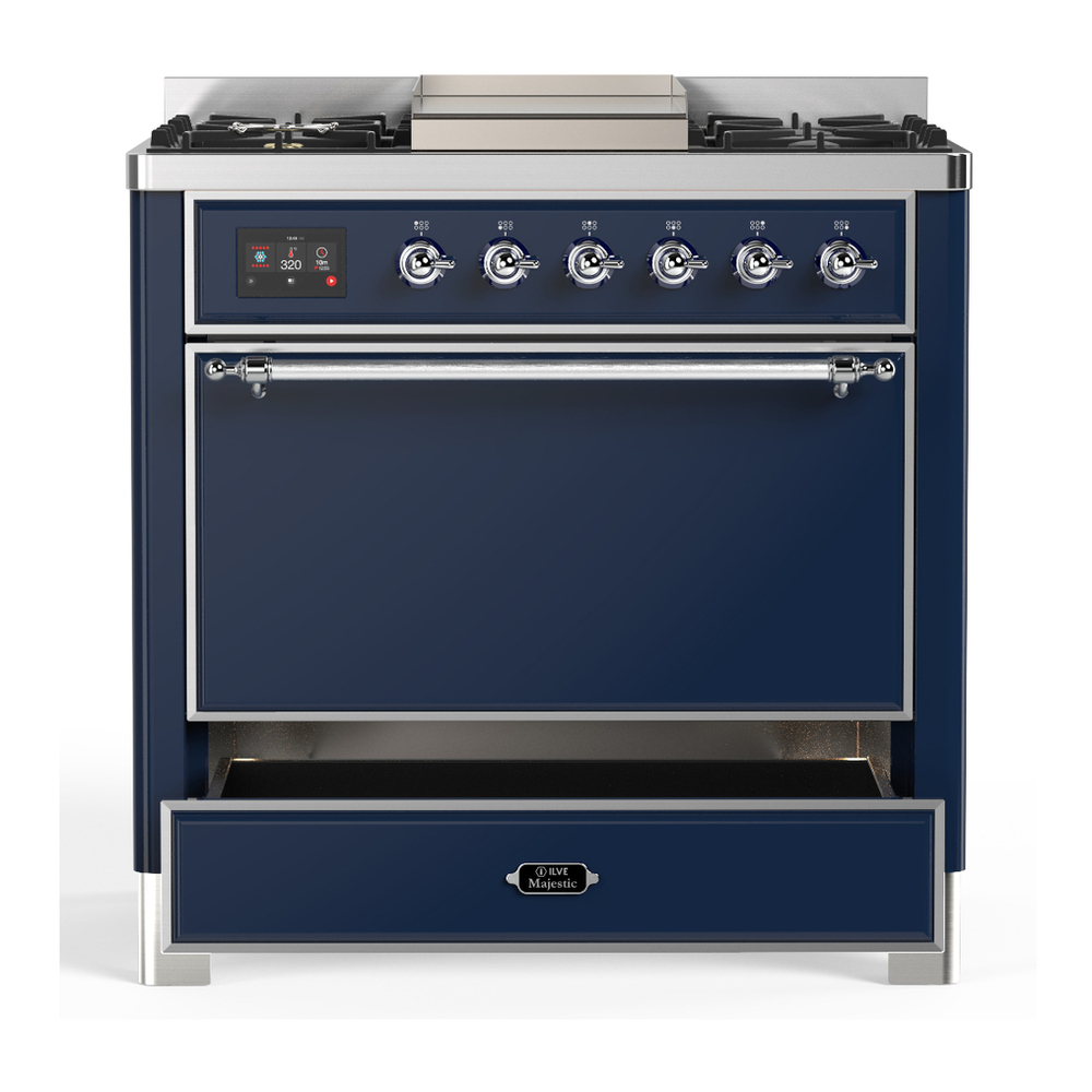 ILVE UM36FQNR3MBC Majestic III 36 inch Dual Fuel Range with 6 Black Brass Burners and Griddle, Dual Function Burner up to 25,000 BTU (Solid Door, Midnight Blue, Chrome, Natural Gas) 7 ILVE-UM36FQNR3MBC-Drawer Open View