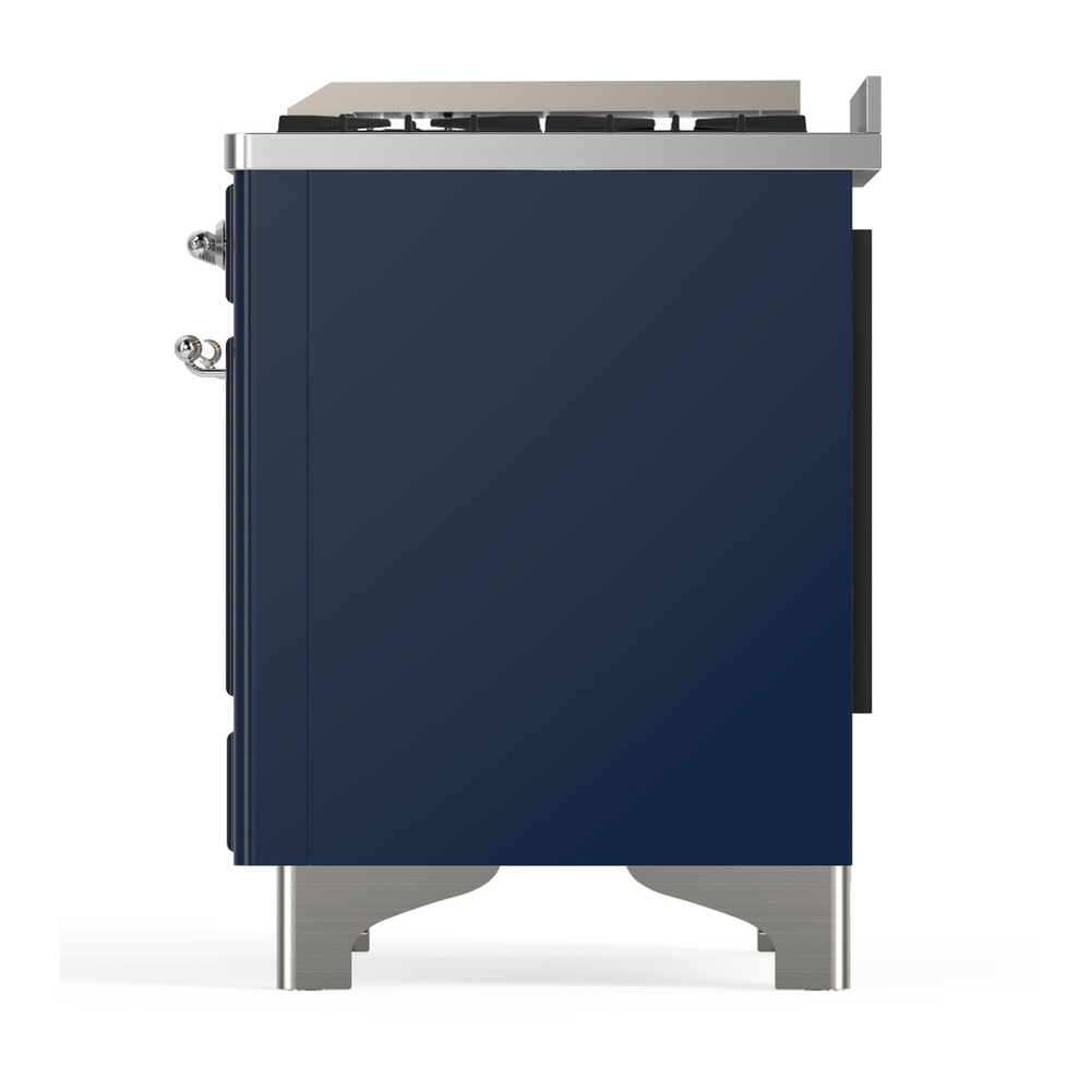 ILVE UM36FQNR3MBC Majestic III 36 inch Dual Fuel Range with 6 Black Brass Burners and Griddle, Dual Function Burner up to 25,000 BTU (Solid Door, Midnight Blue, Chrome, Natural Gas) 11 ILVE-UM36FQNR3MBC-Left Side View