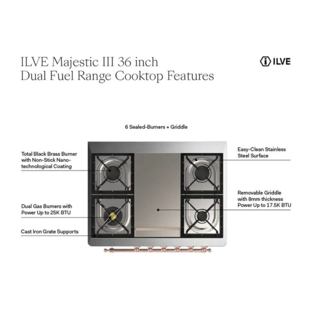 ILVE UM36F Majestic III 36 inch Dual Fuel Range with 6 Black Brass Burners and Griddle, Dual Function Burner up to 25,000 BTU