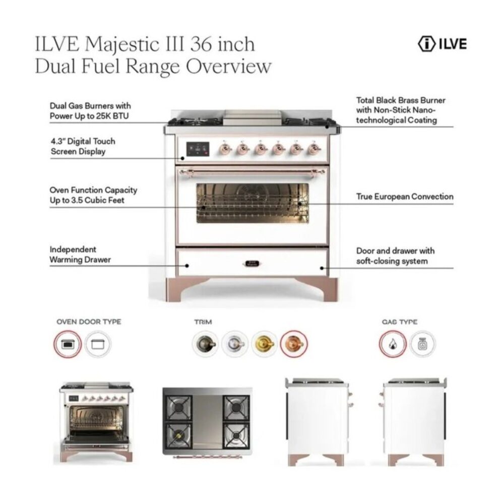 ILVE UM36F Majestic III 36 inch Dual Fuel Range with 6 Black Brass Burners and Griddle, Dual Function Burner up to 25,000 BTU