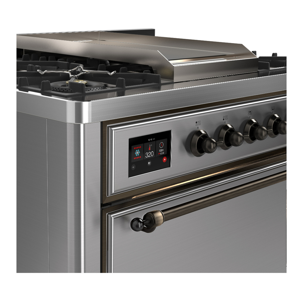 ILVE UM36FQNR3SSB Majestic III 36 inch Dual Fuel Range with 6 Black Brass Burners and Griddle, Dual Function Burner up to 25,000 BTU (Solid Door, Stainless Steel, Burnished, Natural Gas) 9 ILVE-UM36FQNR3SSB-Control Knobs View