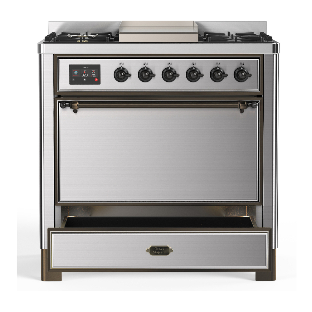 ILVE UM36FQNR3SSB Majestic III 36 inch Dual Fuel Range with 6 Black Brass Burners and Griddle, Dual Function Burner up to 25,000 BTU (Solid Door, Stainless Steel, Burnished, Natural Gas) 7 ILVE-UM36FQNR3SSB-Drawer Open View