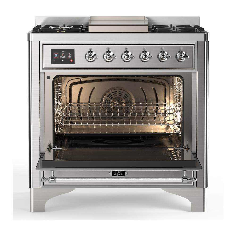 ILVE UM36FQNR3SSC Majestic III 36 inch Dual Fuel Range with 6 Black Brass Burners and Griddle, Dual Function Burner up to 25,000 BTU (Solid Door, Stainless Steel, Chrome, Natural Gas) 6 ILVE-UM36FQNR3SSC-Open Door View
