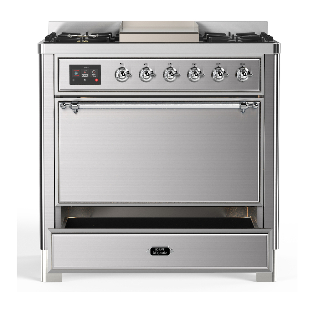 ILVE UM36FQNR3SSC Majestic III 36 inch Dual Fuel Range with 6 Black Brass Burners and Griddle, Dual Function Burner up to 25,000 BTU (Solid Door, Stainless Steel, Chrome, Natural Gas) 7 ILVE-UM36FQNR3SSC-Drawer Open View