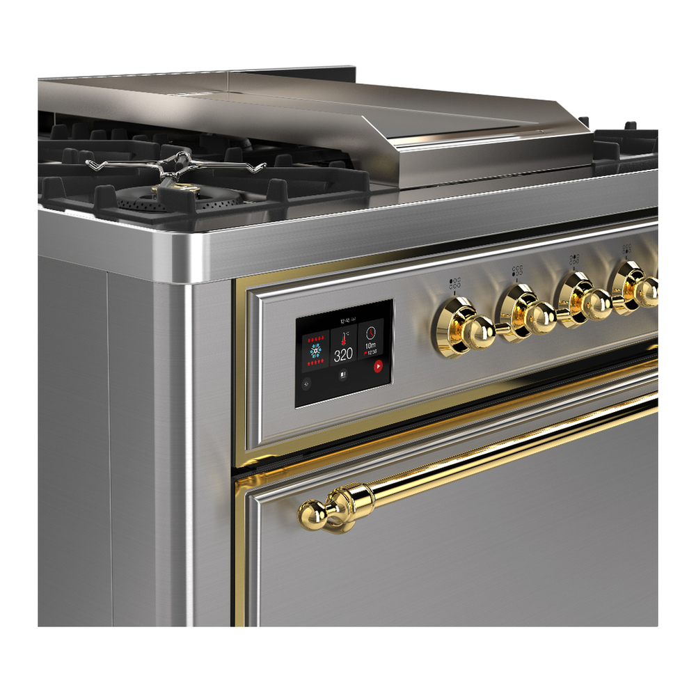 ILVE UM36FQNR3SSGLP Majestic III 36 inch Dual Fuel Range with 6 Black Brass Burners and Griddle, Dual Function Burner up to 25,000 BTU (Solid Door, Stainless Steel, Brass, Liquid Propane) 9 ILVE-UM36FQNR3SSGLP-Control Knobs View