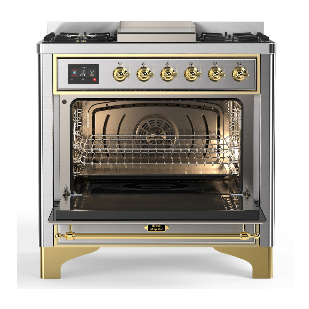 ILVE UM36FQNR3SSGLP Majestic III 36 inch Dual Fuel Range with 6 Black Brass Burners and Griddle, Dual Function Burner up to 25,000 BTU (Solid Door, Stainless Steel, Brass, Liquid Propane) 6 ILVE-UM36FQNR3SSGLP-Open Door View