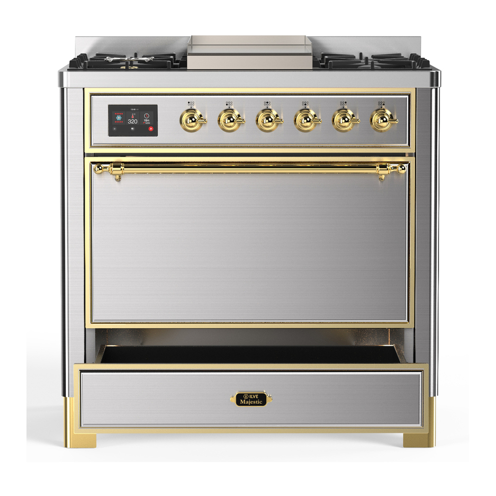 ILVE UM36FQNR3SSG Majestic III 36 inch Dual Fuel Range with 6 Black Brass Burners and Griddle, Dual Function Burner up to 25,000 BTU (Solid Door, Stainless Steel, Brass, Natural Gas) 7 ILVE-UM36FQNR3SSG-Drawer Open View