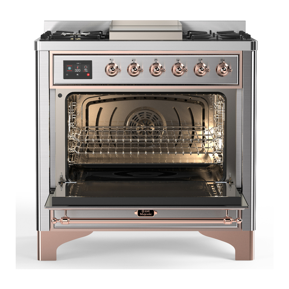 ILVE UM36FQNR3SSPLP Majestic III 36 inch Dual Fuel Range with 6 Black Brass Burners and Griddle, Dual Function Burner up to 25,000 BTU (Solid Door, Stainless Steel, Copper, Liquid Propane) 6 ILVE-UM36FQNR3SSPLP-Open Door View