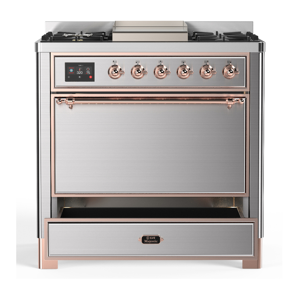ILVE UM36FQNR3SSPLP Majestic III 36 inch Dual Fuel Range with 6 Black Brass Burners and Griddle, Dual Function Burner up to 25,000 BTU (Solid Door, Stainless Steel, Copper, Liquid Propane) 7 ILVE-UM36FQNR3SSPLP-Drawer Open View