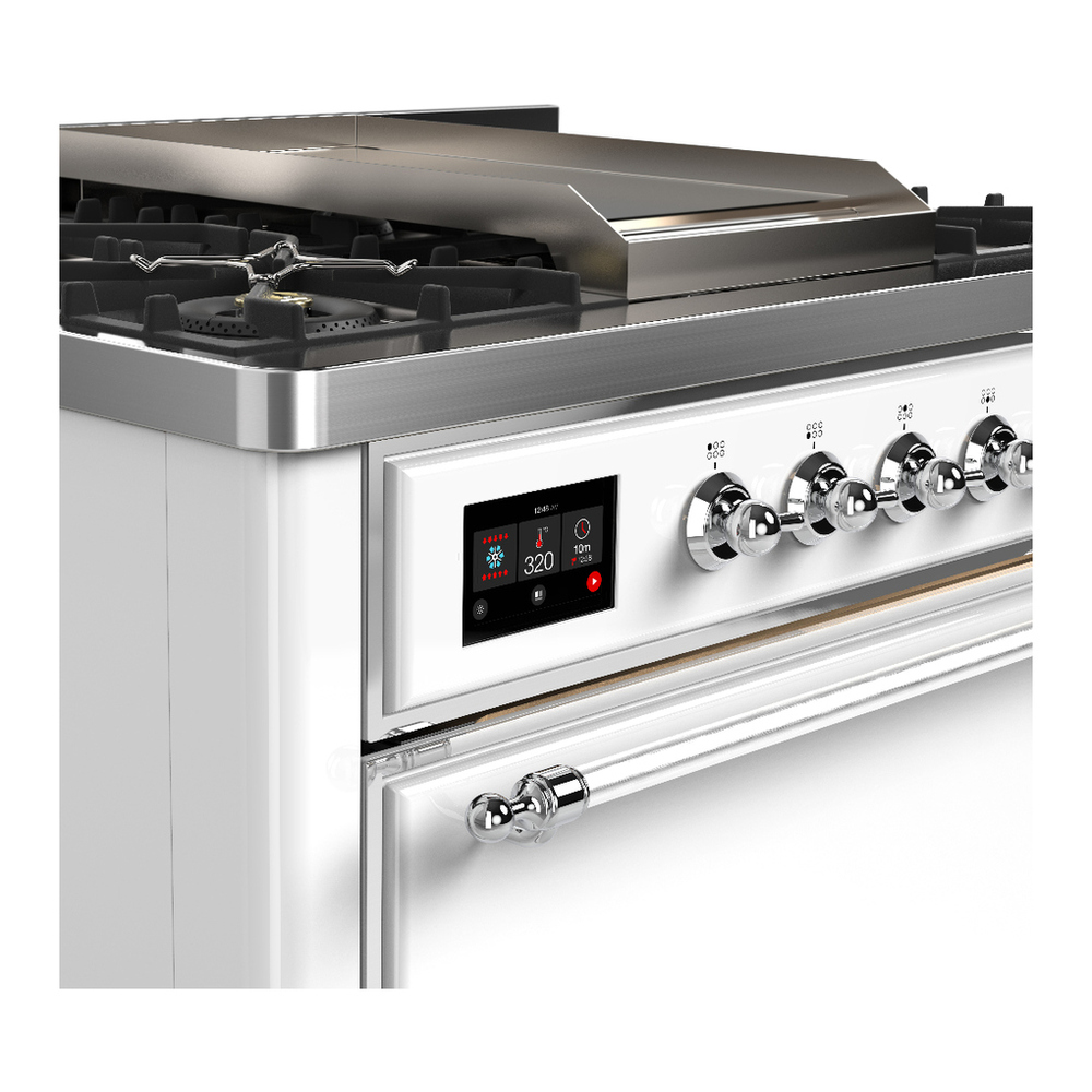 ILVE UM36FQNR3WHCLP Majestic III 36 inch Dual Fuel Range with 6 Black Brass Burners and Griddle, Dual Function Burner up to 25,000 BTU (Solid Door, White, Chrome, Liquid Propane) 9 ILVE-UM36FQNR3WHCLP-Control Knobs View