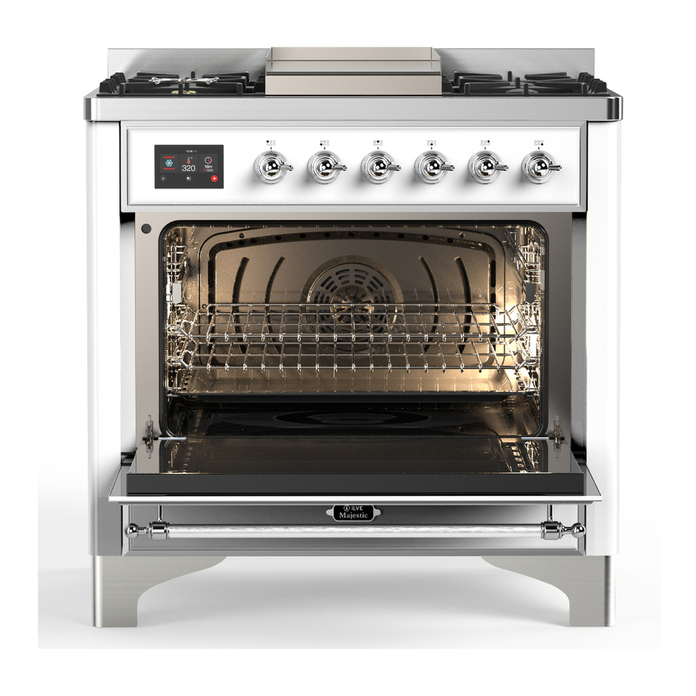ILVE UM36FQNR3WHCLP Majestic III 36 inch Dual Fuel Range with 6 Black Brass Burners and Griddle, Dual Function Burner up to 25,000 BTU (Solid Door, White, Chrome, Liquid Propane) 6 ILVE-UM36FQNR3WHCLP-Open Door View